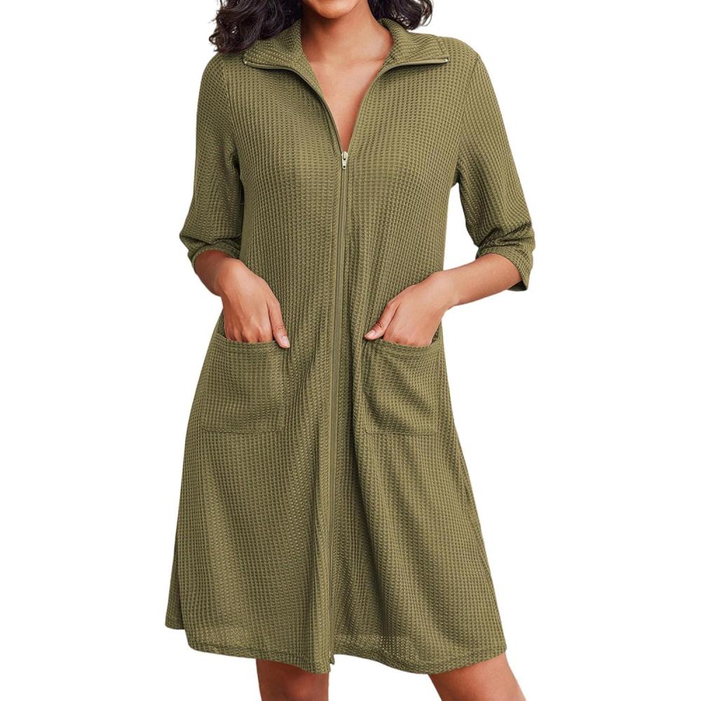 imageEkouaer Zipper Robes for Women Waffle Knit Bathrobes Short Lightweight Knee Length Loungewear with Pockets SXXLArmy Green