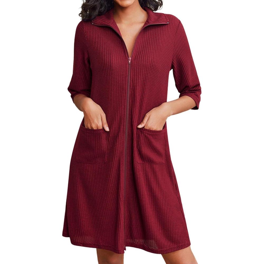 imageEkouaer Zipper Robes for Women Waffle Knit Bathrobes Short Lightweight Knee Length Loungewear with Pockets SXXLWine Red