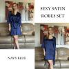 Ekouaer Sleepwear Women’s Satin Nightgown with Robes Set 2 Piece Sexy Lace Cami Nightwear(Navy Blue)