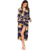 Ekouaer Women Kimono Robes Full Length Knit Bathrobe Lightweight Soft Sleepwear V-neck Casual Ladies Loungewear S-XXL(Floral Deep Blue)