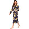 Ekouaer Women Kimono Robes Full Length Knit Bathrobe Lightweight Soft Sleepwear V-neck Casual Ladies Loungewear S-XXL(Floral Deep Blue)