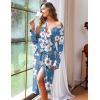 Ekouaer Women Kimono Robes Full Length Knit Bathrobe Lightweight Soft Sleepwear V-neck Casual Ladies Loungewear S-XXL(Floral Light Blue)