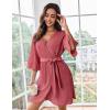 Ekouaer Women Waffle Robes 3/4 Sleeve Ruffle Knit Bathrobe Soft Lightweight Knee Length Robe Loungewear(Gray Purple)