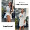 Ekouaer Women Waffle Robes 3/4 Sleeve Ruffle Knit Bathrobe Soft Lightweight Knee Length Robe Loungewear(White)