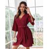 Ekouaer Women Waffle Robes 3/4 Sleeve Ruffle Knit Bathrobe Soft Lightweight Knee Length Robe Loungewear(Wine Red)