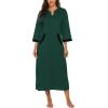Ekouaer Women Zipper Robe 3/4 Sleeves Loungewear Dress Full Length Sleepwear Pockets Housecoat Nightgown Long Bathrobe(Dark Green)