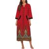 Ekouaer Women Zipper Robe 3/4 Sleeves Loungewear Dress Full Length Sleepwear Pockets Housecoat Nightgown Long Bathrobe(Red Feather)