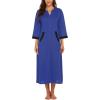 Ekouaer Women Zipper Robe 3/4 Sleeves Loungewear Dress Full Length Sleepwear Pockets Housecoat Nightgown Long Bathrobe(Style 1-snorkel Blue)