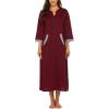 Ekouaer Women Zipper Robe 3/4 Sleeves Loungewear Dress Full Length Sleepwear Pockets Housecoat Nightgown Long Bathrobe(Style 1-wine Red)