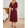 Ekouaer Women Zipper Robe 3/4 Sleeves Loungewear Dress Full Length Sleepwear Pockets Housecoat Nightgown Long Bathrobe(Style 1-wine Red)