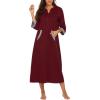 Ekouaer Women Zipper Robe 3/4 Sleeves Loungewear Dress Full Length Sleepwear Pockets Housecoat Nightgown Long Bathrobe(Style 1-wine Red)