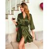 Ekouaer Women’s Lace-Trim Silk Robes Bride Bridesmaid Kimono Satin Bathrobe V Neck Sleepwear with 3/4 Sleeve(Army Green)