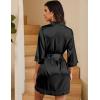 Ekouaer Women’s Lace-Trim Silk Robes Bride Bridesmaid Kimono Satin Bathrobe V Neck Sleepwear with 3/4 Sleeve(Black)