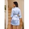 Ekouaer Women’s Lace-Trim Silk Robes Bride Bridesmaid Kimono Satin Bathrobe V Neck Sleepwear with 3/4 Sleeve(Blue White Stripes)