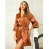 Ekouaer Women’s Lace-Trim Silk Robes Bride Bridesmaid Kimono Satin Bathrobe V Neck Sleepwear with 3/4 Sleeve(Caramel Colour)