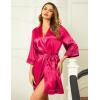 Ekouaer Women’s Lace-Trim Silk Robes Bride Bridesmaid Kimono Satin Bathrobe V Neck Sleepwear with 3/4 Sleeve(Cherry Red)