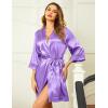 Ekouaer Women’s Lace-Trim Silk Robes Bride Bridesmaid Kimono Satin Bathrobe V Neck Sleepwear with 3/4 Sleeve(Lilac)