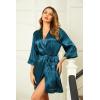 Ekouaer Women’s Lace-Trim Silk Robes Bride Bridesmaid Kimono Satin Bathrobe V Neck Sleepwear with 3/4 Sleeve(Peacock Blue)