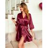 Ekouaer Women’s Lace-Trim Silk Robes Bride Bridesmaid Kimono Satin Bathrobe V Neck Sleepwear with 3/4 Sleeve(Wine Red)