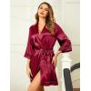 Ekouaer Women’s Lace-Trim Silk Robes Bride Bridesmaid Kimono Satin Bathrobe V Neck Sleepwear with 3/4 Sleeve(Wine Red)