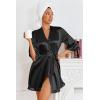 Ekouaer Women’s Satin Robes Silk Kimono Bath Robe Short Ruffled Hem Bride Bridesmaid Sleepwear with Pockets(01black)