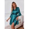 Ekouaer Women’s Silk Robe Set V-neck 2 Piece Bridal Party Robes and Satin Bathrobe Set with Pockets(Dark Green)