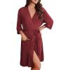 Ekouaer Robes for Women Knee Length Kimono Bathrobe Lightweight 3/4 Sleeve Sleepwear Soft Loungewear with Pockets S-XXL(Wine Red)