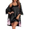 Ekouaer Sleepwear Women’s Satin Nightgown with Robes Set 2 Piece Sexy Lace Cami Nightwear(Black Pink Sakura)