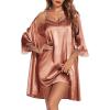 Ekouaer Sleepwear Women’s Satin Nightgown with Robes Set 2 Piece Sexy Lace Cami Nightwear(Brown)