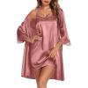 Ekouaer Sleepwear Women’s Satin Nightgown with Robes Set 2 Piece Sexy Lace Cami Nightwear(Purplish Red)
