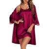Ekouaer Sleepwear Women’s Satin Nightgown with Robes Set 2 Piece Sexy Lace Cami Nightwear(Wine Red)