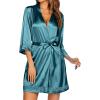 Ekouaer Women’s Lace-Trim Silk Robes Bride Bridesmaid Kimono Satin Bathrobe V Neck Sleepwear with 3/4 Sleeve(Celadon Green)