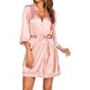 Ekouaer Women’s Lace-Trim Silk Robes Bride Bridesmaid Kimono Satin Bathrobe V Neck Sleepwear with 3/4 Sleeve(Champagne)