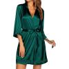 Ekouaer Women’s Lace-Trim Silk Robes Bride Bridesmaid Kimono Satin Bathrobe V Neck Sleepwear with 3/4 Sleeve(Dark Green)