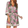 Ekouaer Women’s Lace-Trim Silk Robes Bride Bridesmaid Kimono Satin Bathrobe V Neck Sleepwear with 3/4 Sleeve(Flower Leopard)