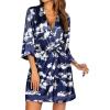 Ekouaer Women’s Lace-Trim Silk Robes Bride Bridesmaid Kimono Satin Bathrobe V Neck Sleepwear with 3/4 Sleeve(Navy Floral)