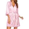 Ekouaer Women’s Lace-Trim Silk Robes Bride Bridesmaid Kimono Satin Bathrobe V Neck Sleepwear with 3/4 Sleeve(Pink White Stripes)
