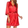 Ekouaer Women’s Lace-Trim Silk Robes Bride Bridesmaid Kimono Satin Bathrobe V Neck Sleepwear with 3/4 Sleeve(Red)