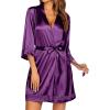 Ekouaer Women’s Lace-Trim Silk Robes Bride Bridesmaid Kimono Satin Bathrobe V Neck Sleepwear with 3/4 Sleeve(Wineberry)