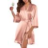 Ekouaer Women’s Satin Robes Silk Kimono Bath Robe Short Ruffled Hem Bride Bridesmaid Sleepwear with Pockets(01misty Rose)