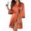 Ekouaer Women’s Satin Robes Silk Kimono Bath Robe Short Ruffled Hem Bride Bridesmaid Sleepwear with Pockets(Brown)