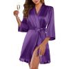 Ekouaer Women’s Satin Robes Silk Kimono Bath Robe Short Ruffled Hem Bride Bridesmaid Sleepwear with Pockets(Deep Purple)