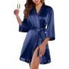 Ekouaer Women’s Satin Robes Silk Kimono Bath Robe Short Ruffled Hem Bride Bridesmaid Sleepwear with Pockets(Navy)