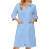 Ekouaer Zipper Robes for Women 3/4 Sleeve Housecoats Knee Length Bathrobe Lightweight Nightgown with Pockets S-3XL(Light Blue)