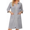 Ekouaer Zipper Robes for Women 3/4 Sleeve Housecoats Knee Length Bathrobe Lightweight Nightgown with Pockets S-3XL(Light Grey)