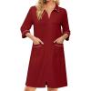 Ekouaer Zipper Robes for Women 3/4 Sleeve Housecoats Knee Length Bathrobe Lightweight Nightgown with Pockets S-3XL(Wine Red)