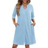 Ekouaer Zipper Robes for Women 3/4 Sleeve Waffle Knit Bathrobe Lightweight Short Housecoat with Pockets Soft Loungewear S-3XL(Clear Blue)