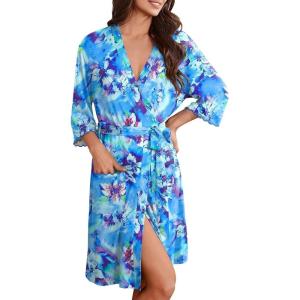 Ekouaer Robes for Women Knee Length Kimono Bathrobe Lightweight 3/4 Sleeve Sleepwear Soft Loungewear with Pockets S-XXL(Aqua Floral)