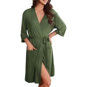 Ekouaer Robes for Women Knee Length Kimono Bathrobe Lightweight 3/4 Sleeve Sleepwear Soft Loungewear with Pockets S-XXL(Army Green)