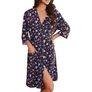 Ekouaer Robes for Women Knee Length Kimono Bathrobe Lightweight 3/4 Sleeve Sleepwear Soft Loungewear with Pockets S-XXL(Navy Blue Floral)
